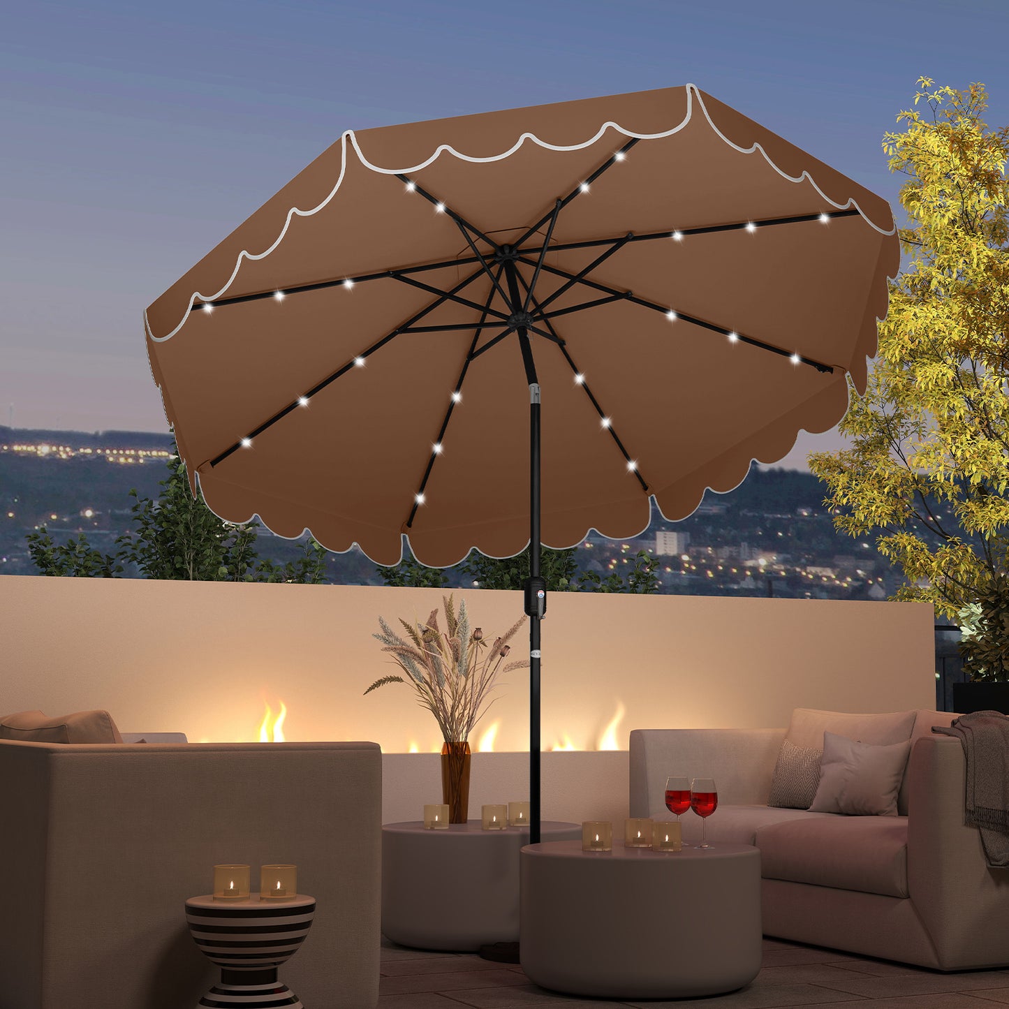 9.3 Feet Solar Patio Umbrella with 24 LED Lights Vented Top and Ruffles