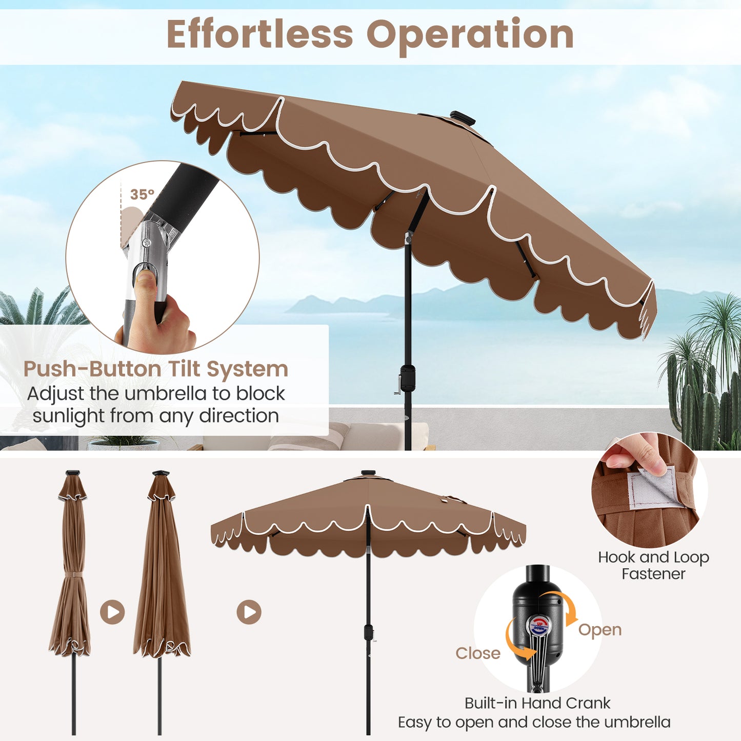 9.3 Feet Solar Patio Umbrella with 24 LED Lights Vented Top and Ruffles