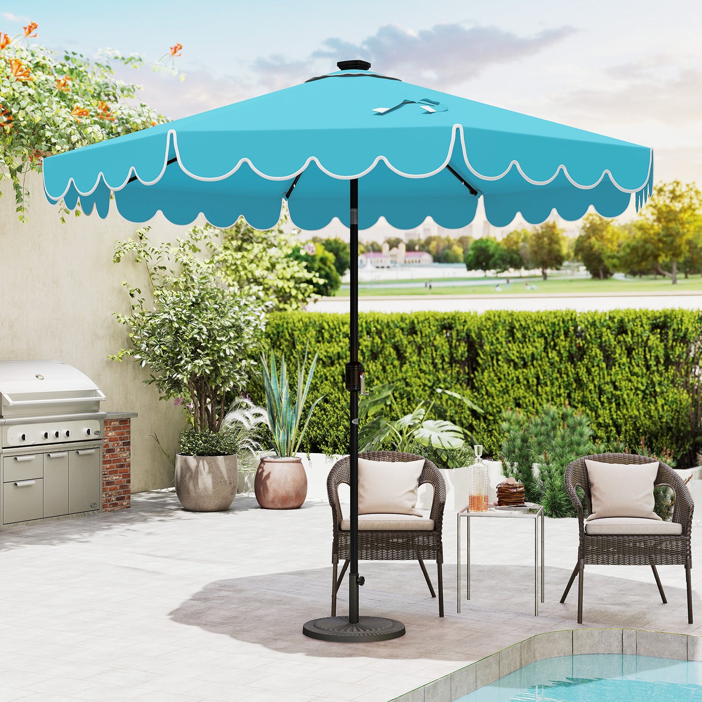 9.3 Feet Solar Patio Umbrella with 24 LED Lights Vented Top and Ruffles