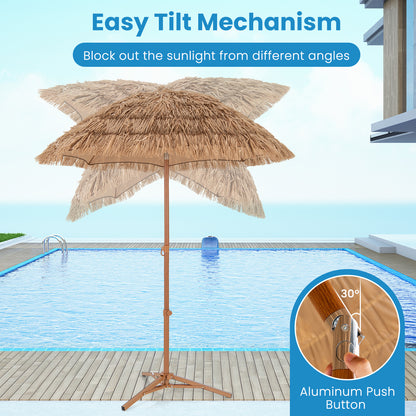 6.5 Feet Thatched Tiki Umbrella with Foldable Stand Push Button Tilt-Natural