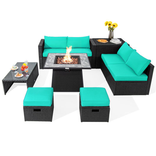 9 Pieces Outdoor Wicker Sectional with 35 Inch Gas Fire Pit Table - Turquoise