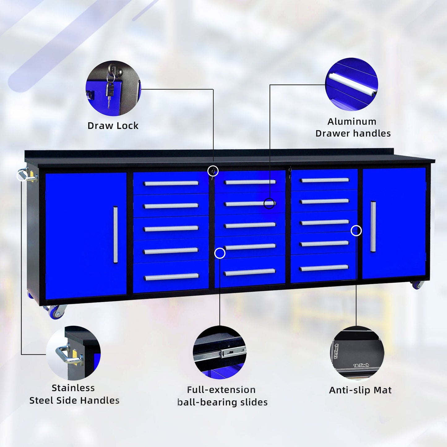 10ft 15-Drawer Storage Workbench with Wheels