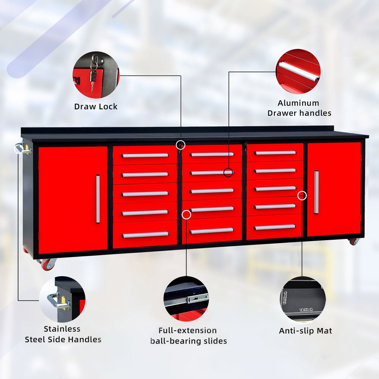 10ft 15-Drawer Storage Workbench with Wheels