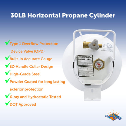 Flame King 30lb Horizontal Propane Cylinder Tank With Valve and Gauge Rv Trailer