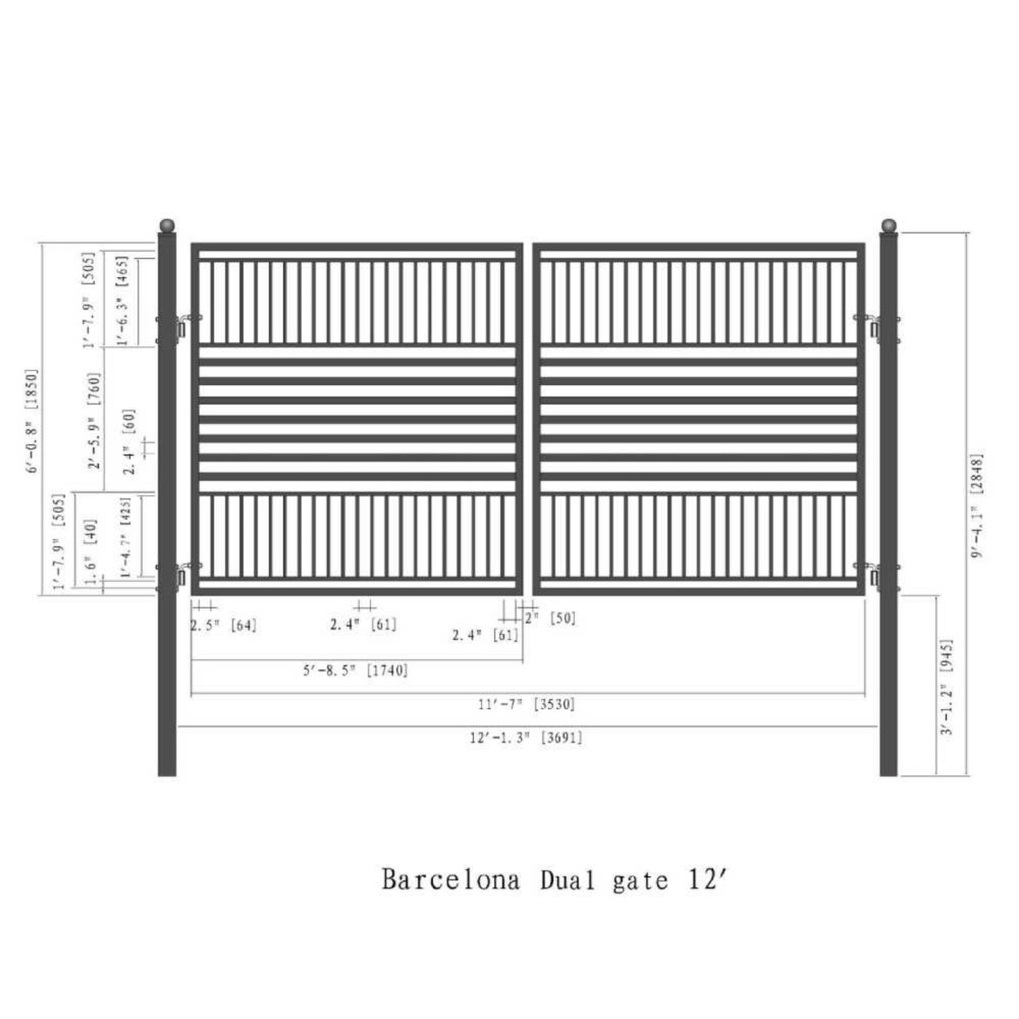 12FT - 18FT Heavy-Duty Barcelona-Style Powder-Coated Steel Galvanized Dual Swing Driveway Gate