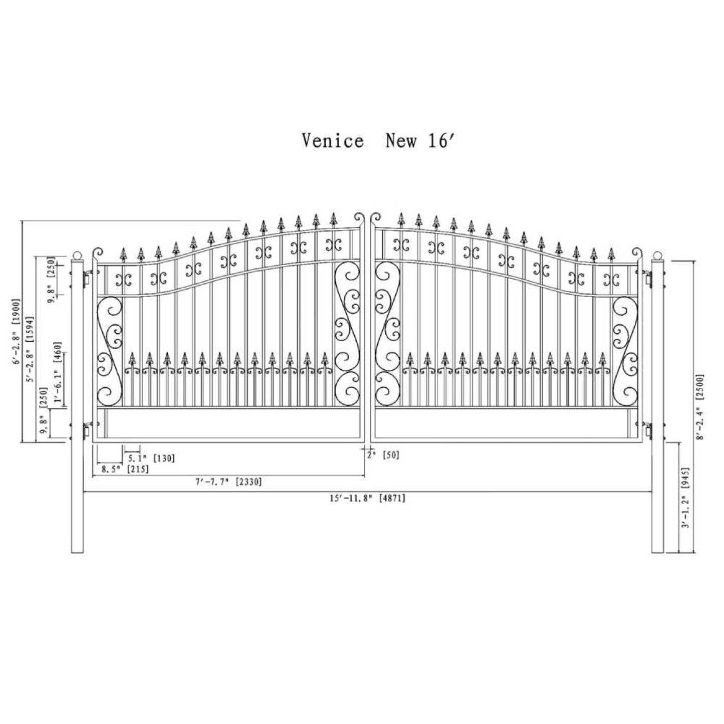 12FT - 18FT Heavy-Duty Venice-Style Steel Dual-Swing Driveway Gate