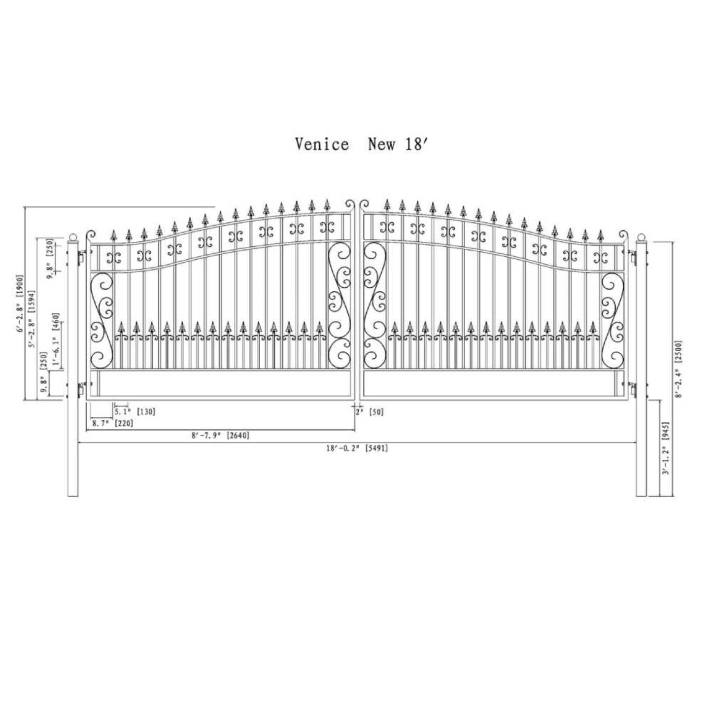 12FT - 18FT Heavy-Duty Venice-Style Steel Dual-Swing Driveway Gate