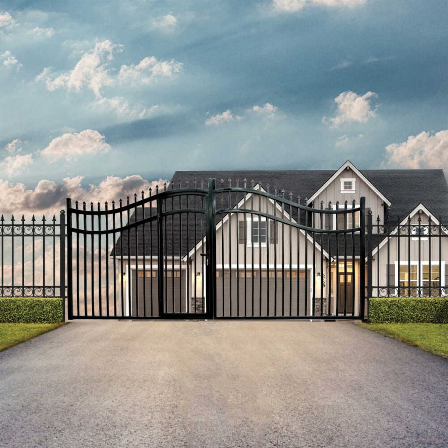 12FT - 18FT Heavy-Duty Vienna-Style Steel Dual-Swing Driveway Gate with Built-In Pedestrian Door