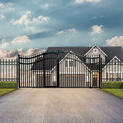 12FT - 18FT Heavy-Duty Vienna-Style Steel Dual-Swing Driveway Gate with Built-In Pedestrian Door