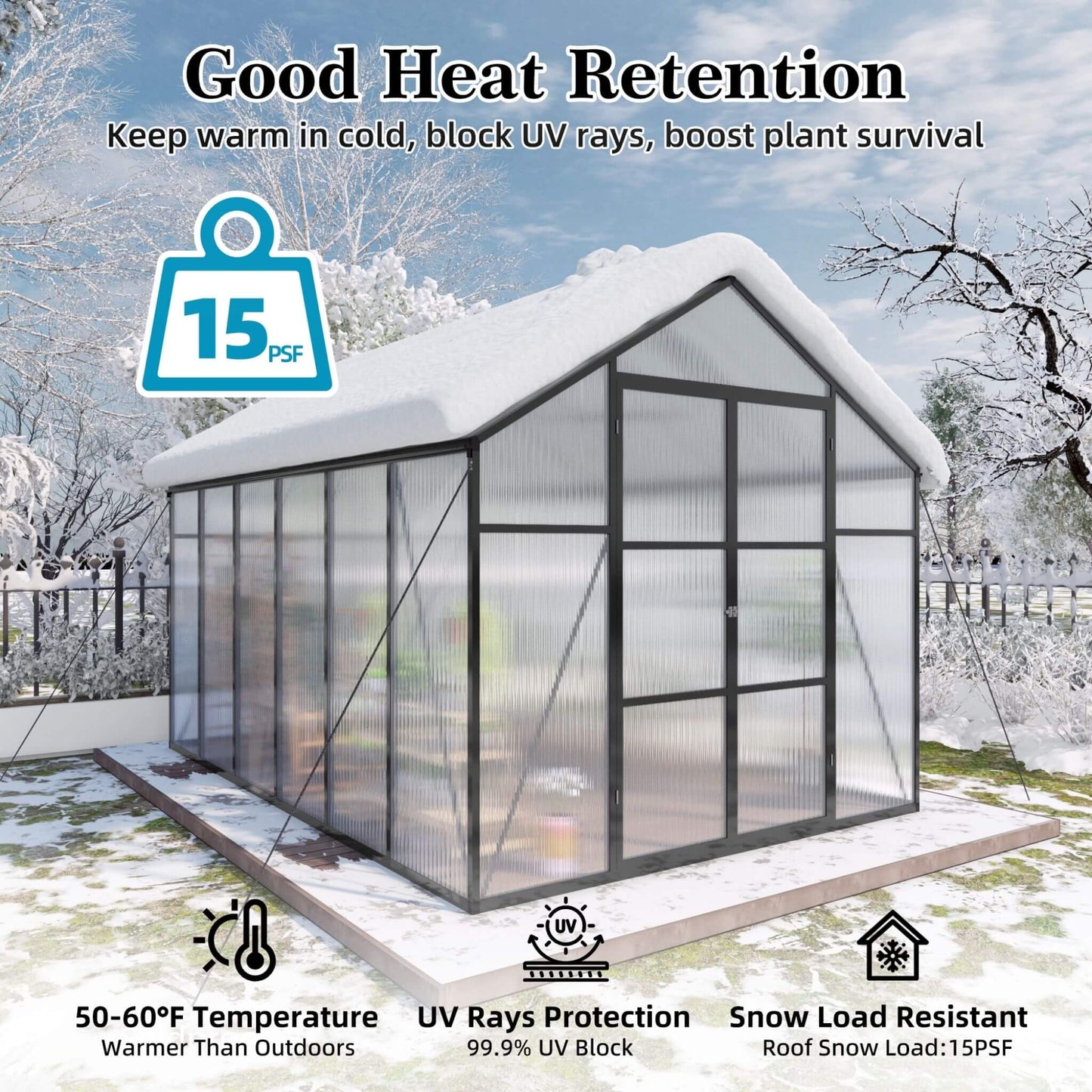 8FT x 12FT All-Season Outdoor Backyard Polycarbonate Greenhouse with Raised Base and Aluminum Frame