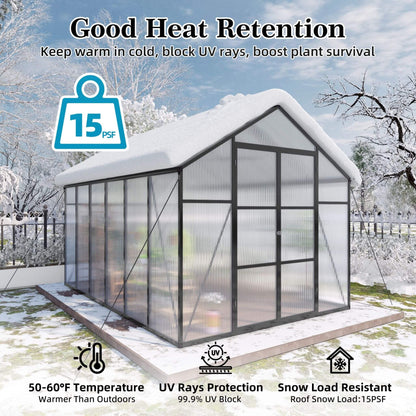 8FT x 12FT All-Season Outdoor Backyard Polycarbonate Greenhouse with Raised Base and Aluminum Frame