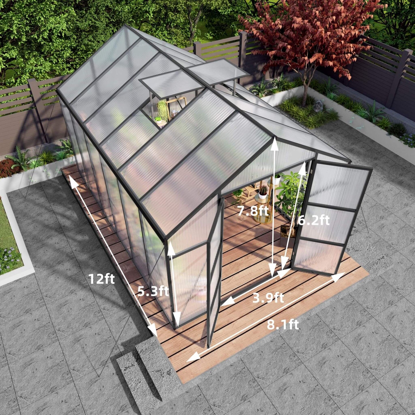 8FT x 12FT All-Season Outdoor Backyard Polycarbonate Greenhouse with Raised Base and Aluminum Frame