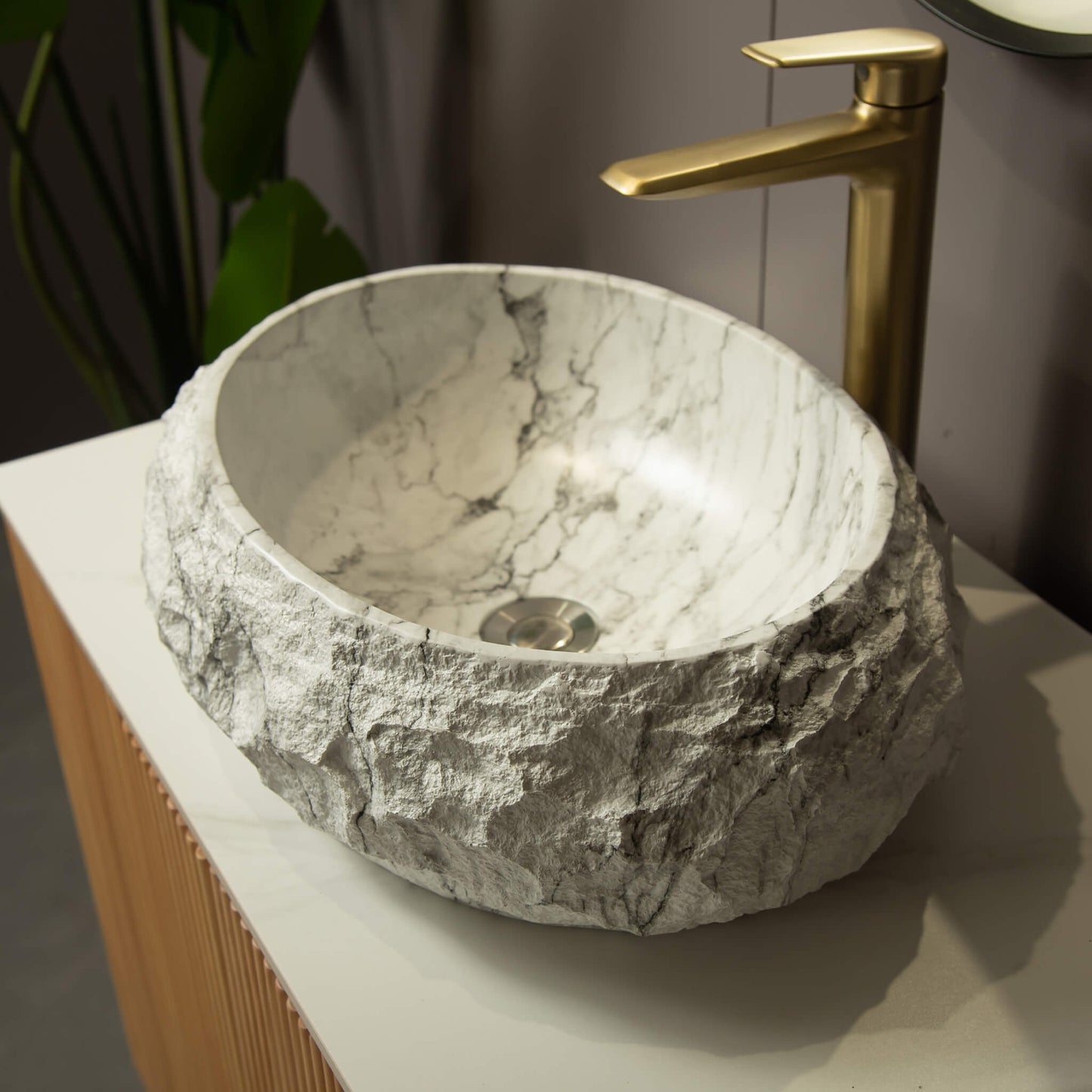 Alora 18-Inch Ivory Oval Bathroom Resin Vessel Basin Sink With Stone Pattern