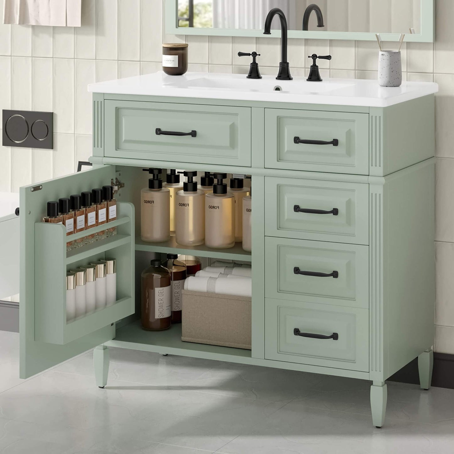 Alora 36-Inch Freestanding Bathroom Vanity With Ceramic Sink And Storage Cabinets [Faucet Not Included]