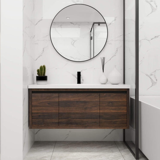 Alora Floating Walnut Bathroom Vanity With Resin Sink Soft Close Doors
