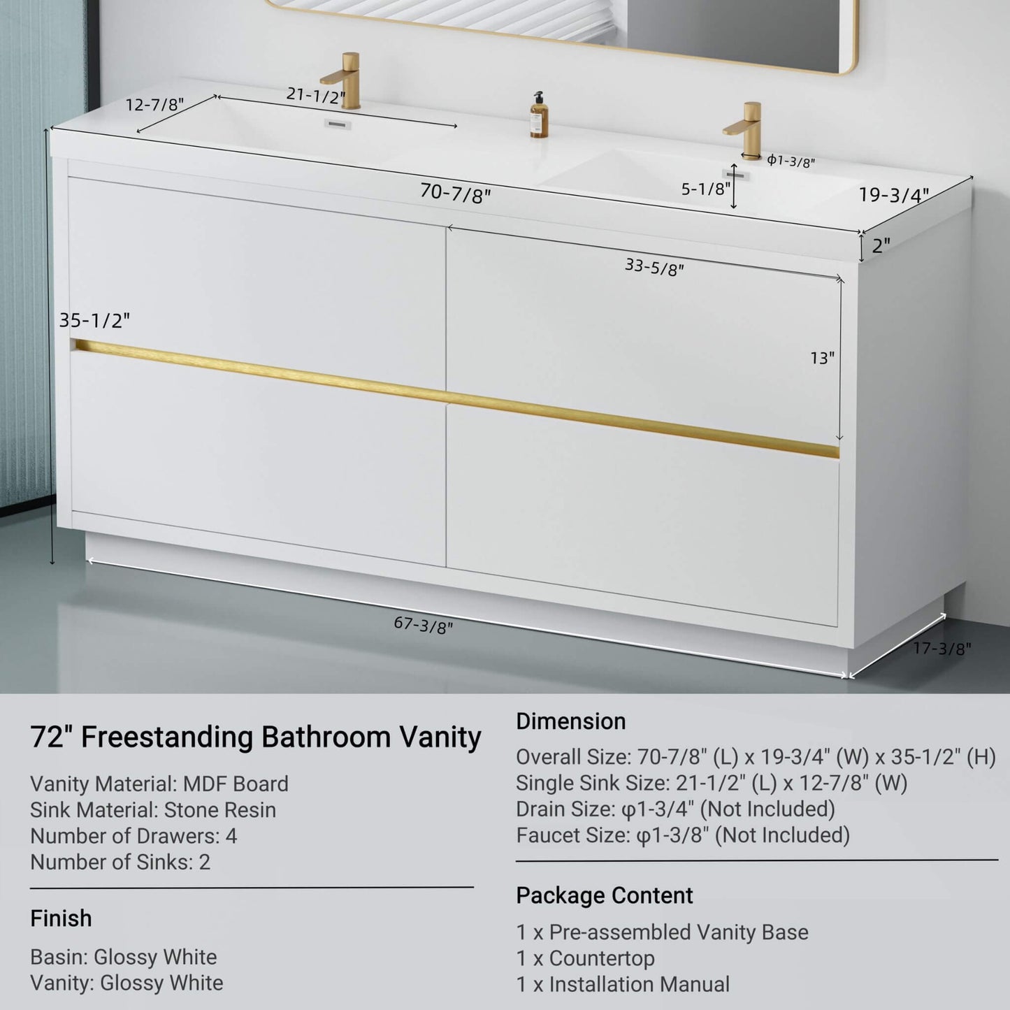 Alora 72-Inch White Freestanding Bathroom Vanity With Sink And Stone Resin Countertop