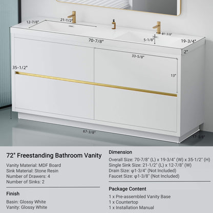 Alora 72-Inch White Freestanding Bathroom Vanity With Sink And Stone Resin Countertop