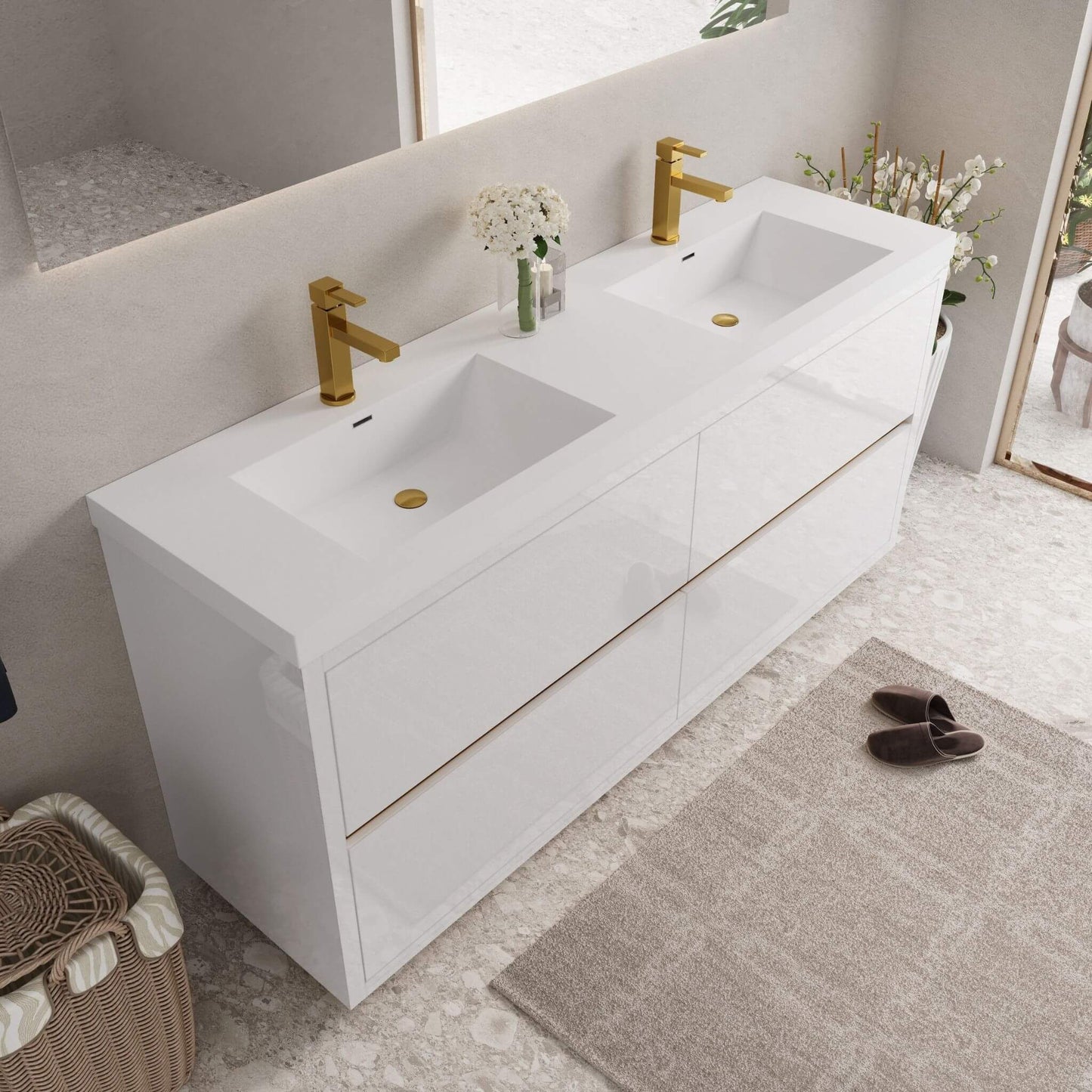 Alora 72-Inch White Freestanding Bathroom Vanity With Sink And Stone Resin Countertop