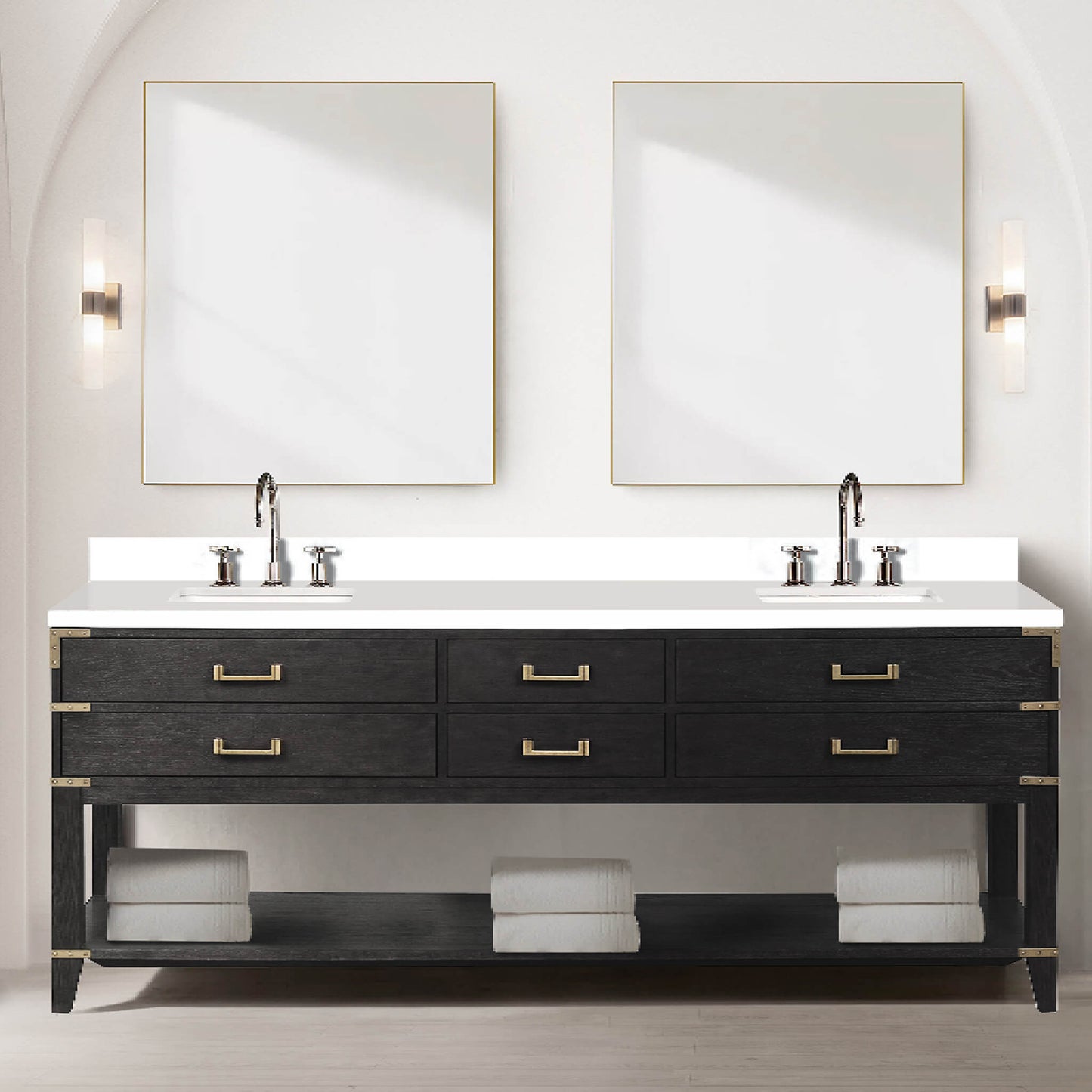 Alora 84-Inch Black Oak Double Bathroom Vanity With White Quartz Top