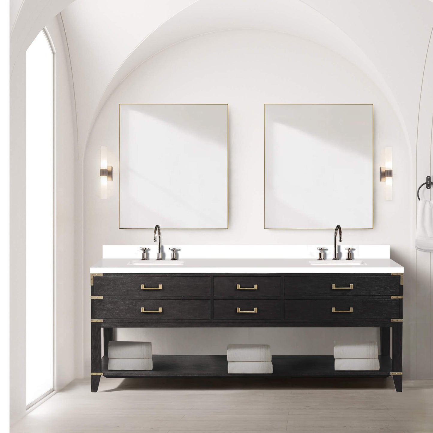 Alora 84-Inch Black Oak Double Bathroom Vanity With White Quartz Top