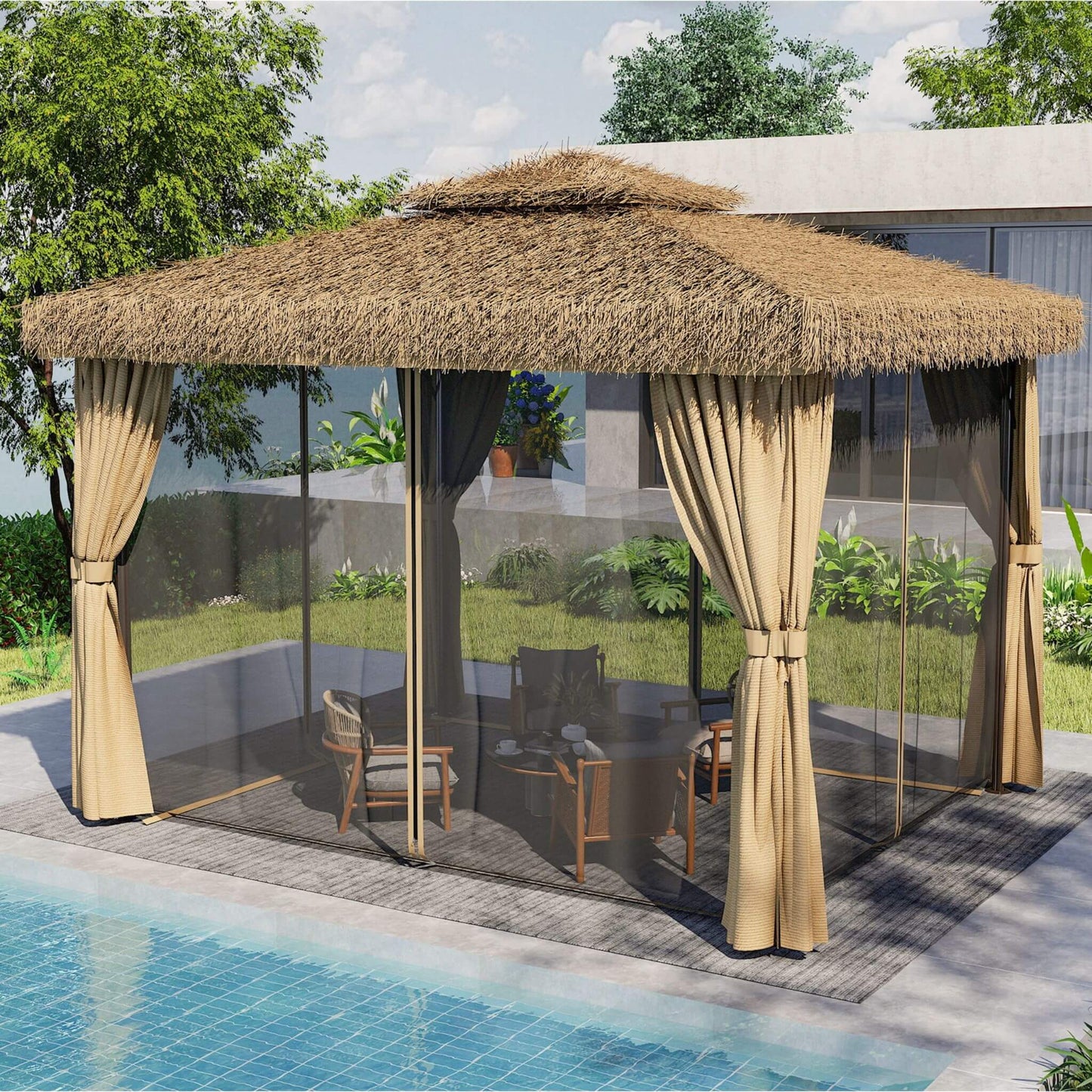 Alora Outdoor Double Canopy Aluminum Patio Gazebo with Hawaiian Thatch Roof