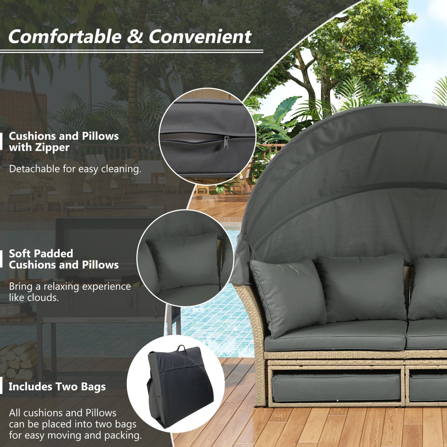 Alora Premium Outdoor Garden Wicker Rattan Patio Daybed With Retractable Canopy