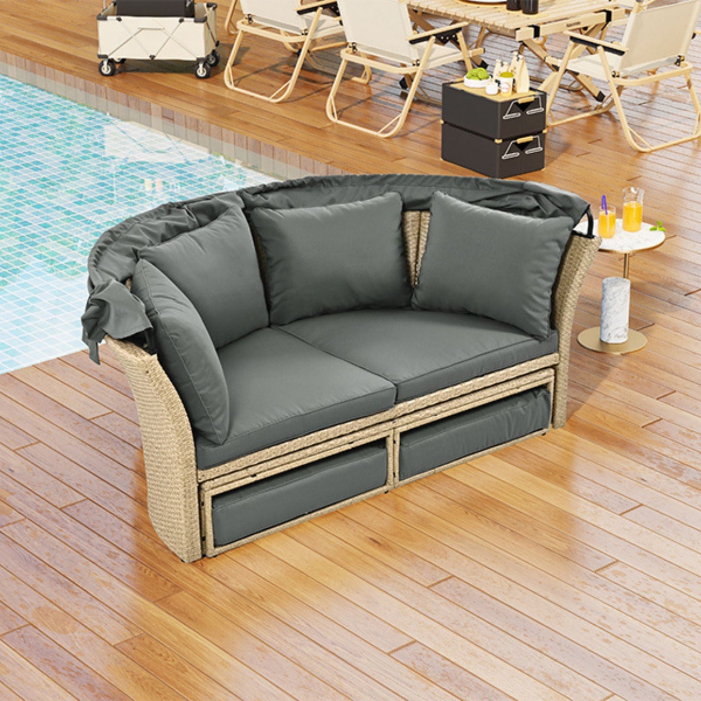 Alora Premium Outdoor Garden Wicker Rattan Patio Daybed With Retractable Canopy