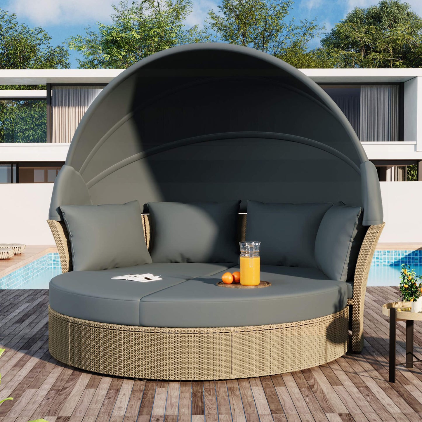 Alora Premium Outdoor Garden Wicker Rattan Patio Daybed With Retractable Canopy