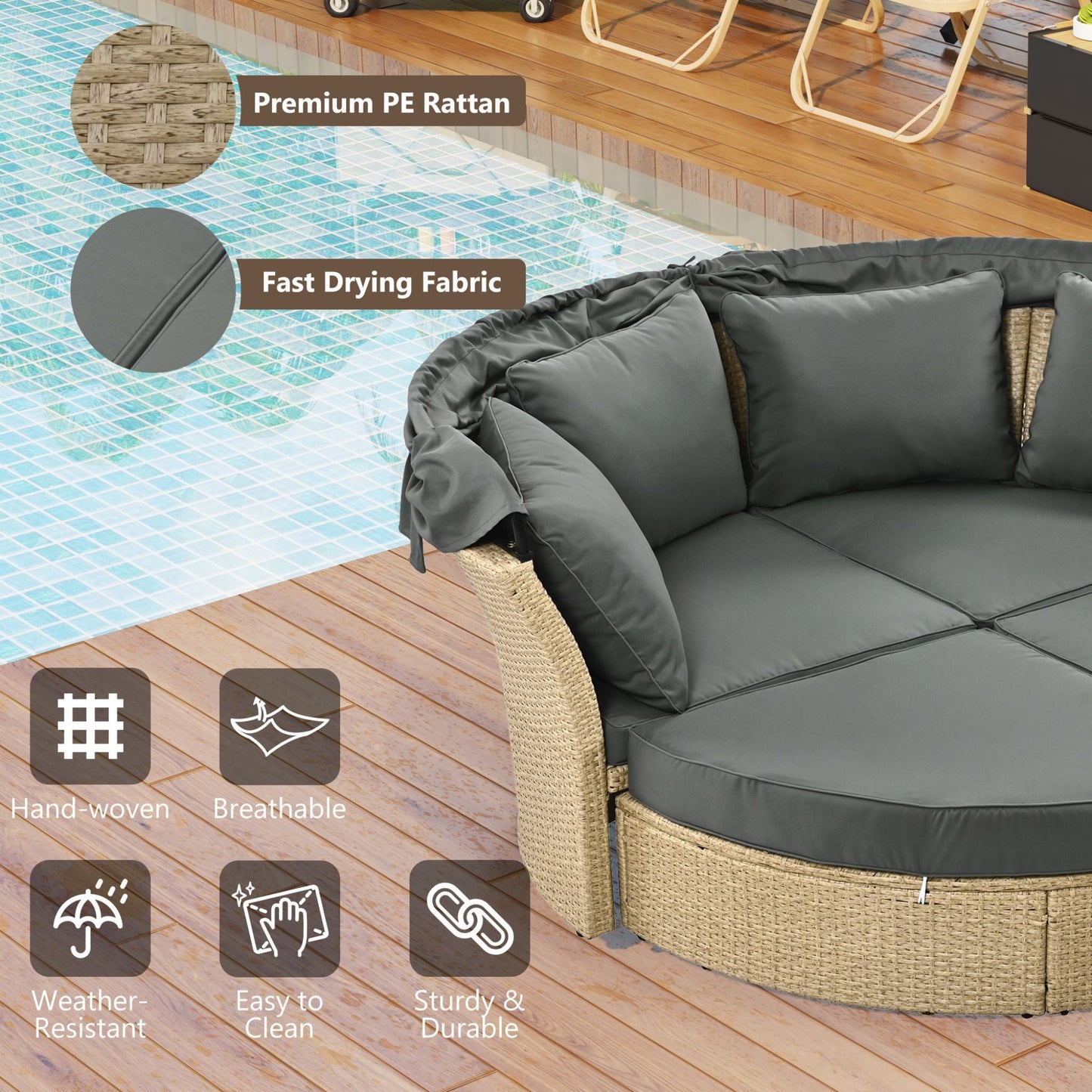Alora Premium Outdoor Garden Wicker Rattan Patio Daybed With Retractable Canopy