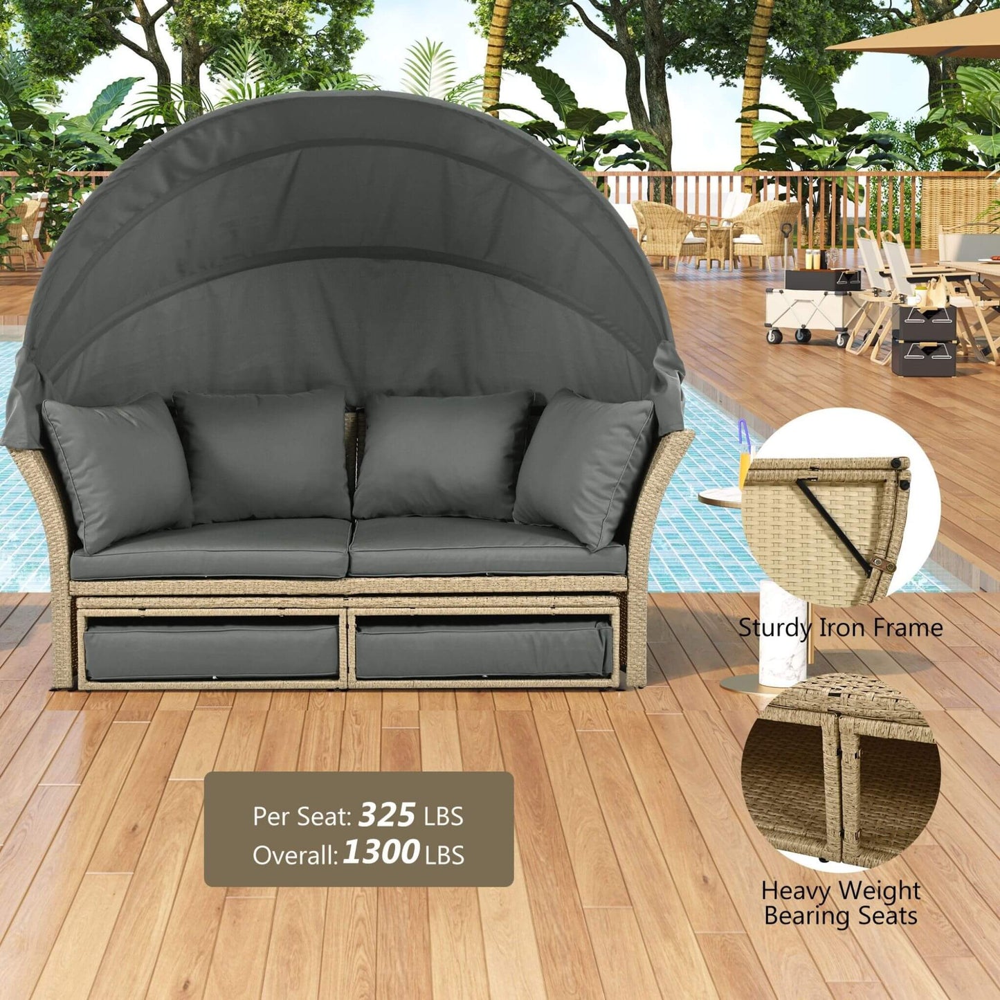Alora Premium Outdoor Garden Wicker Rattan Patio Daybed With Retractable Canopy