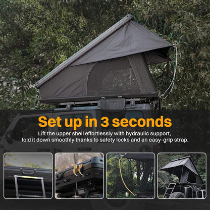 Trailora Nova Aluminum Hard-Shell Rooftop Tent with Ladder, Tri-Color LED Lighting, and Memory Foam Mattress