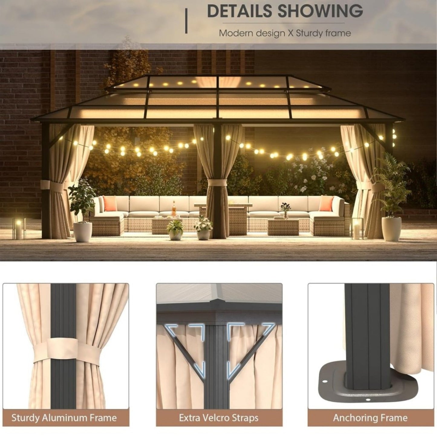 12' x 20' Alora Premium Aluminum Polycarbonate Hardtop Gazebo with UV Protection Netting and Curtains