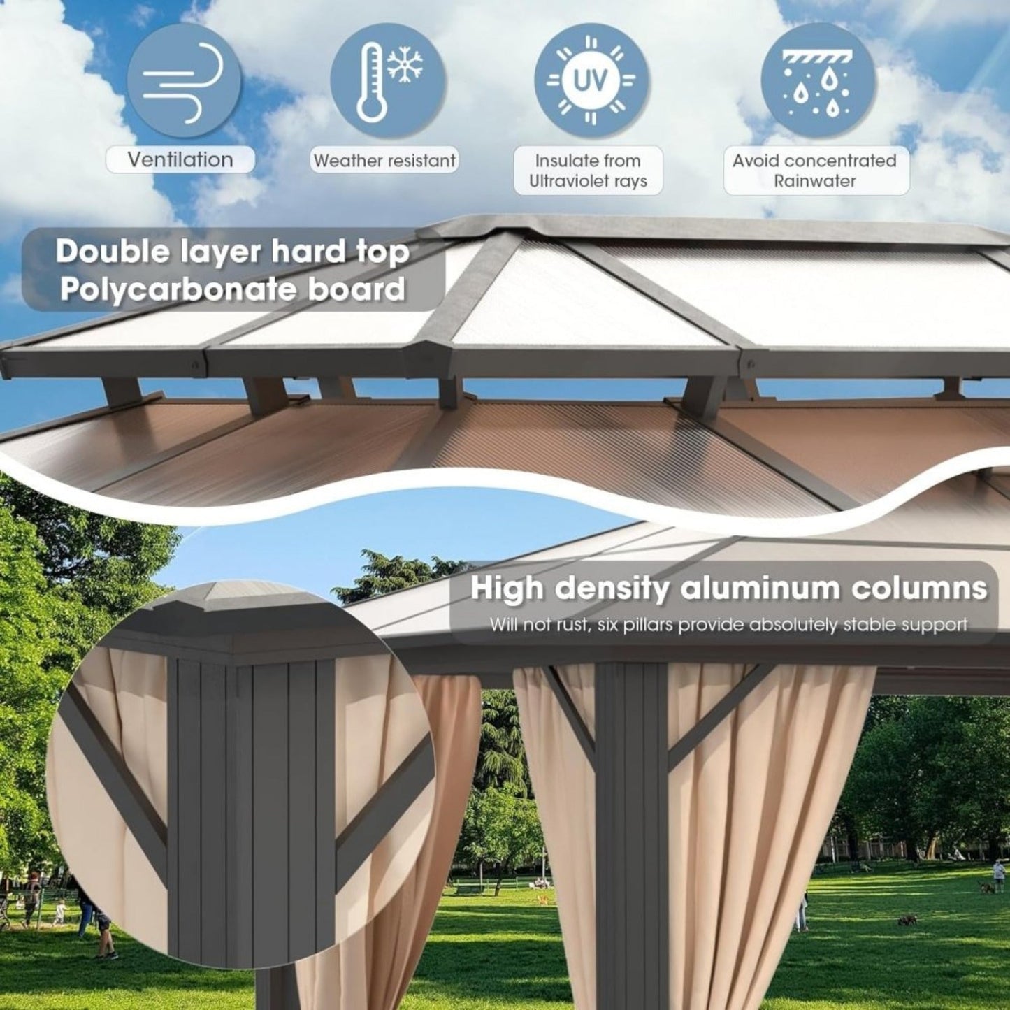 12' x 20' Alora Premium Aluminum Polycarbonate Hardtop Gazebo with UV Protection Netting and Curtains
