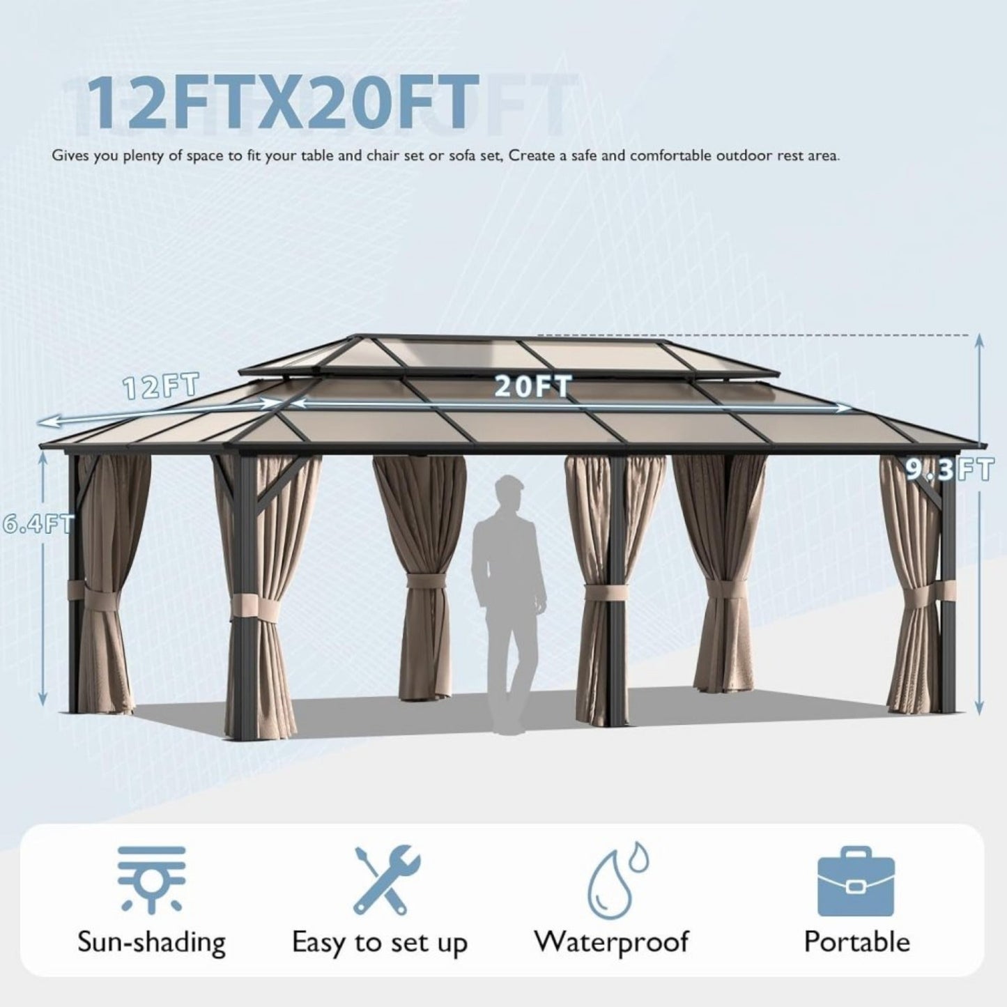 12' x 20' Alora Premium Aluminum Polycarbonate Hardtop Gazebo with UV Protection Netting and Curtains