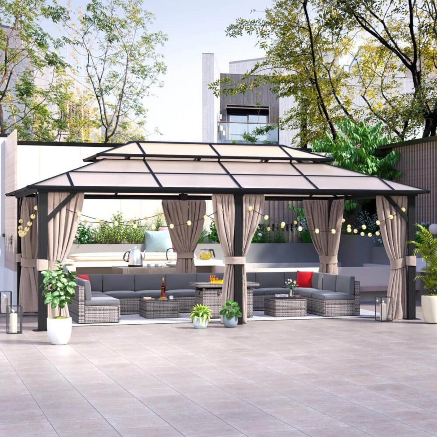 12' x 20' Alora Premium Aluminum Polycarbonate Hardtop Gazebo with UV Protection Netting and Curtains
