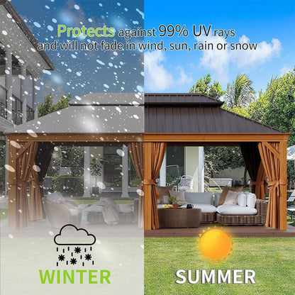 12' x 20' Alora Premium Large Aluminum Hardtop Gazebo W/ Netting, Privacy Curtains And Wood Grain Finish