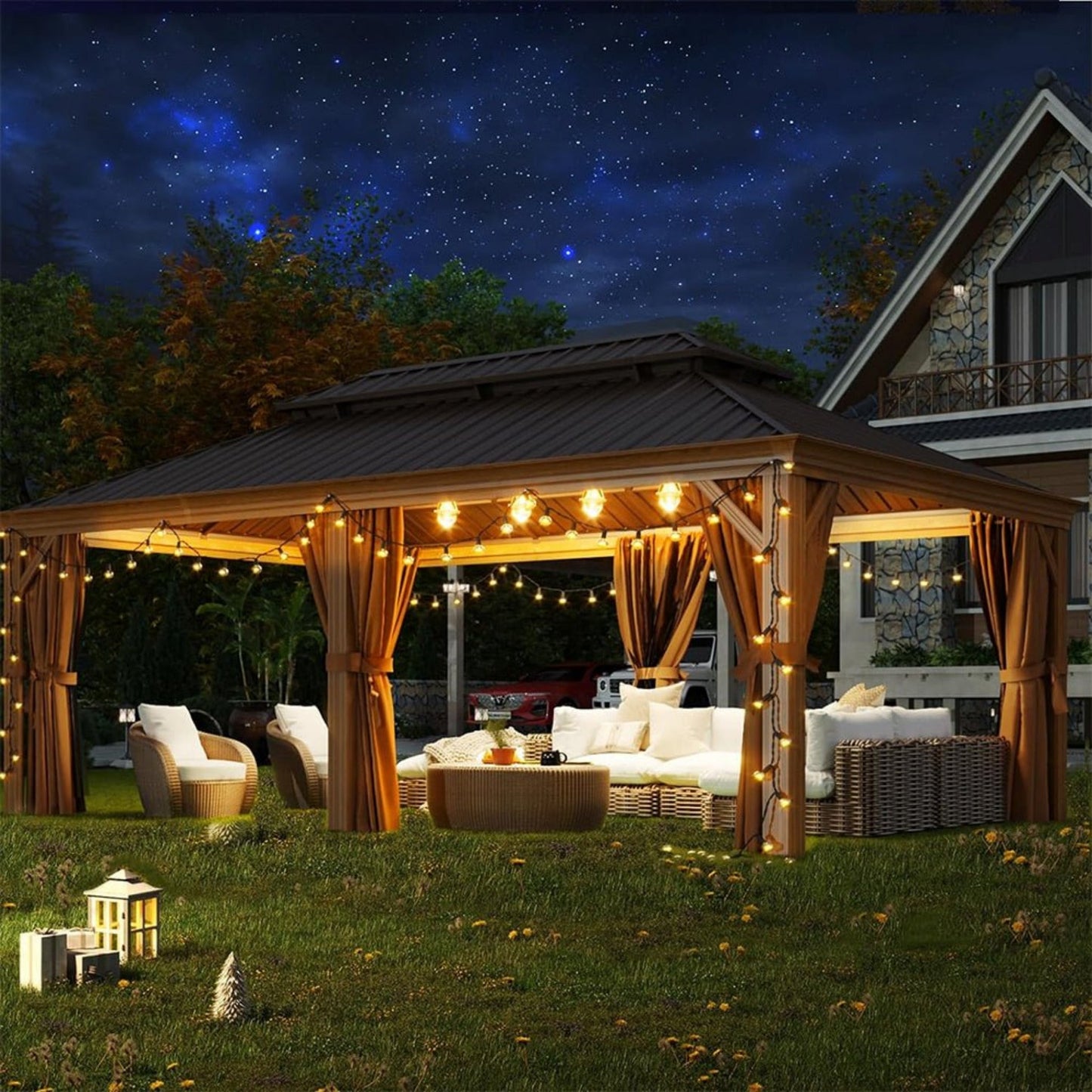 12' x 20' Alora Premium Large Aluminum Hardtop Gazebo W/ Netting, Privacy Curtains And Wood Grain Finish