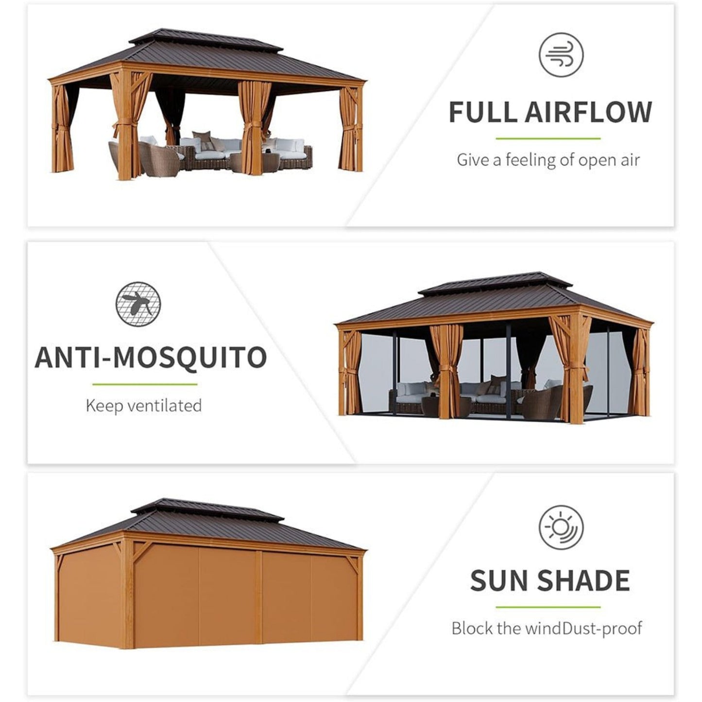 12' x 20' Alora Premium Large Aluminum Hardtop Gazebo W/ Netting, Privacy Curtains And Wood Grain Finish