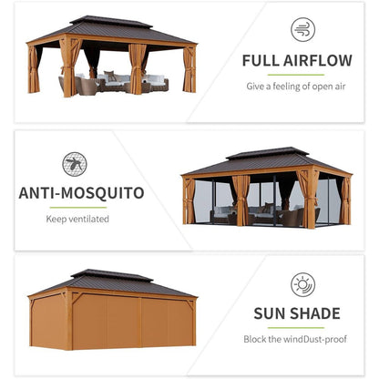 12' x 20' Alora Premium Large Aluminum Hardtop Gazebo W/ Netting, Privacy Curtains And Wood Grain Finish