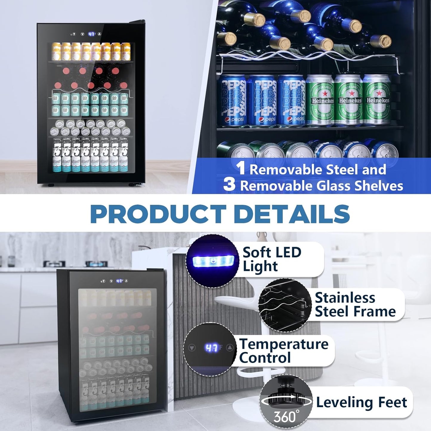 Beverage Refrigerator Wine Cooler 4.5 CU. FT. 145 Can Mini Fridge W58128BH