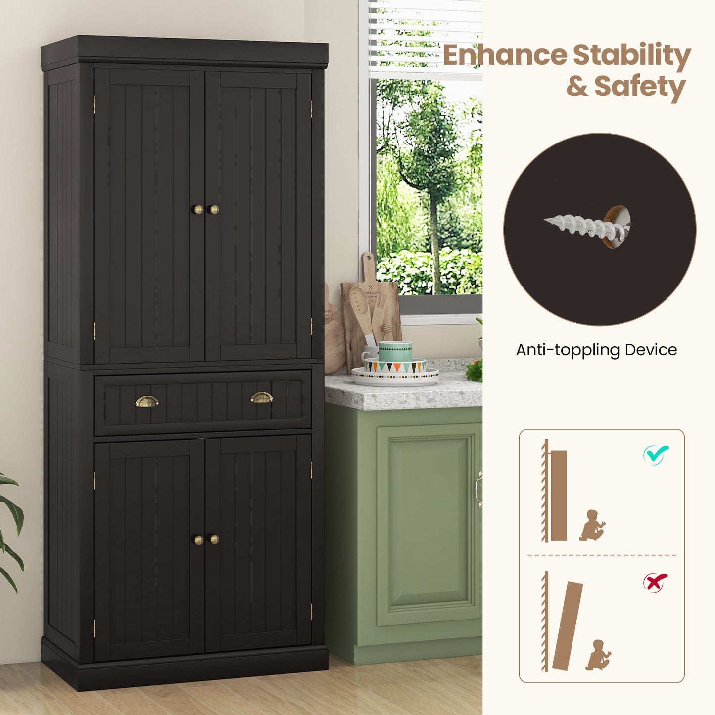 Cupboard Freestanding Kitchen Cabinet with Adjustable Shelves - Dark Brown
