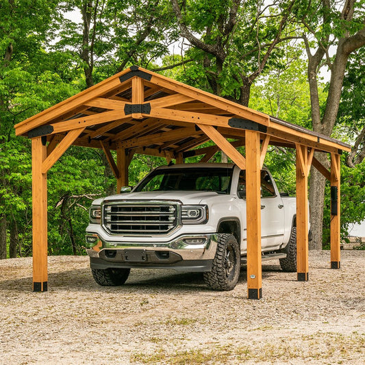 12' x 20' Alora Premium All Cedar Wooden Carport Pavilion Gazebo With Sloped Hardtop Steel Roof