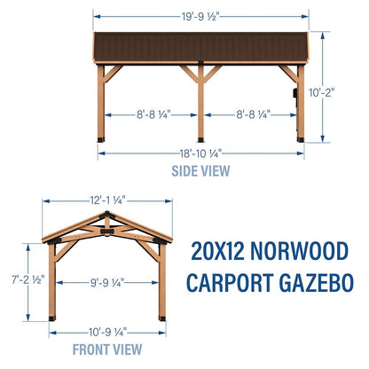 12' x 20' Alora Premium All Cedar Wooden Carport Pavilion Gazebo With Sloped Hardtop Steel Roof