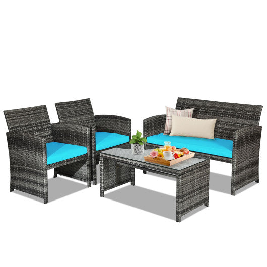4 Pieces Patio Rattan Furniture Set with Cushions - Turquoise