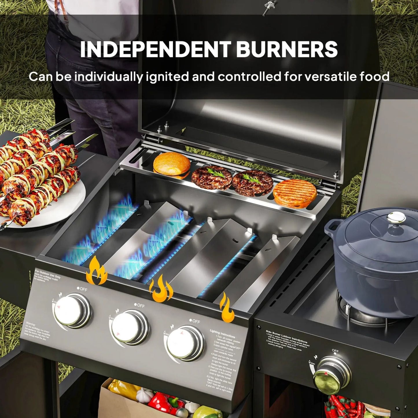 Castelle Flame 15K BTU Barbecue Propane Gas Grill With Side Burner