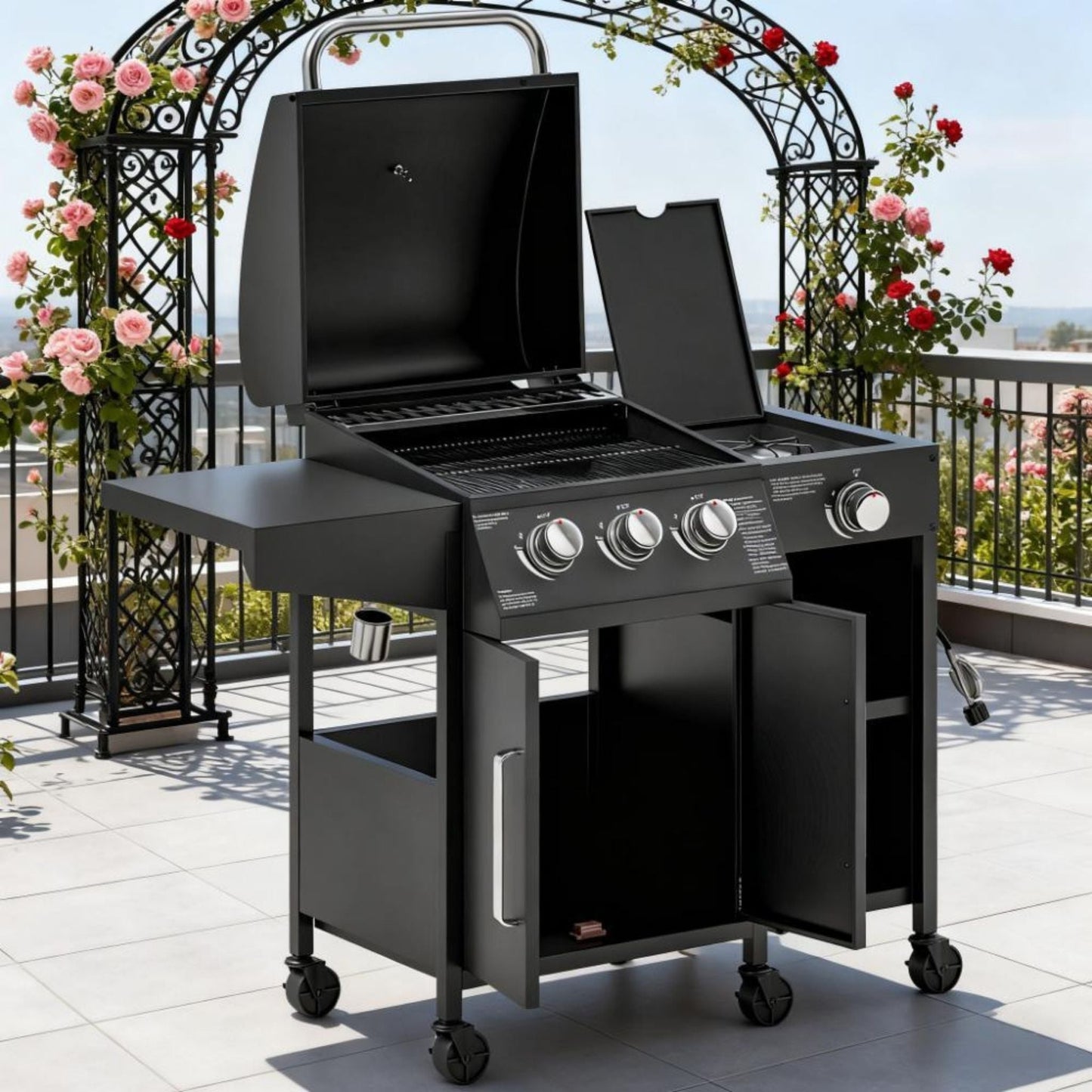 Castelle Flame 15K BTU Barbecue Propane Gas Grill With Side Burner
