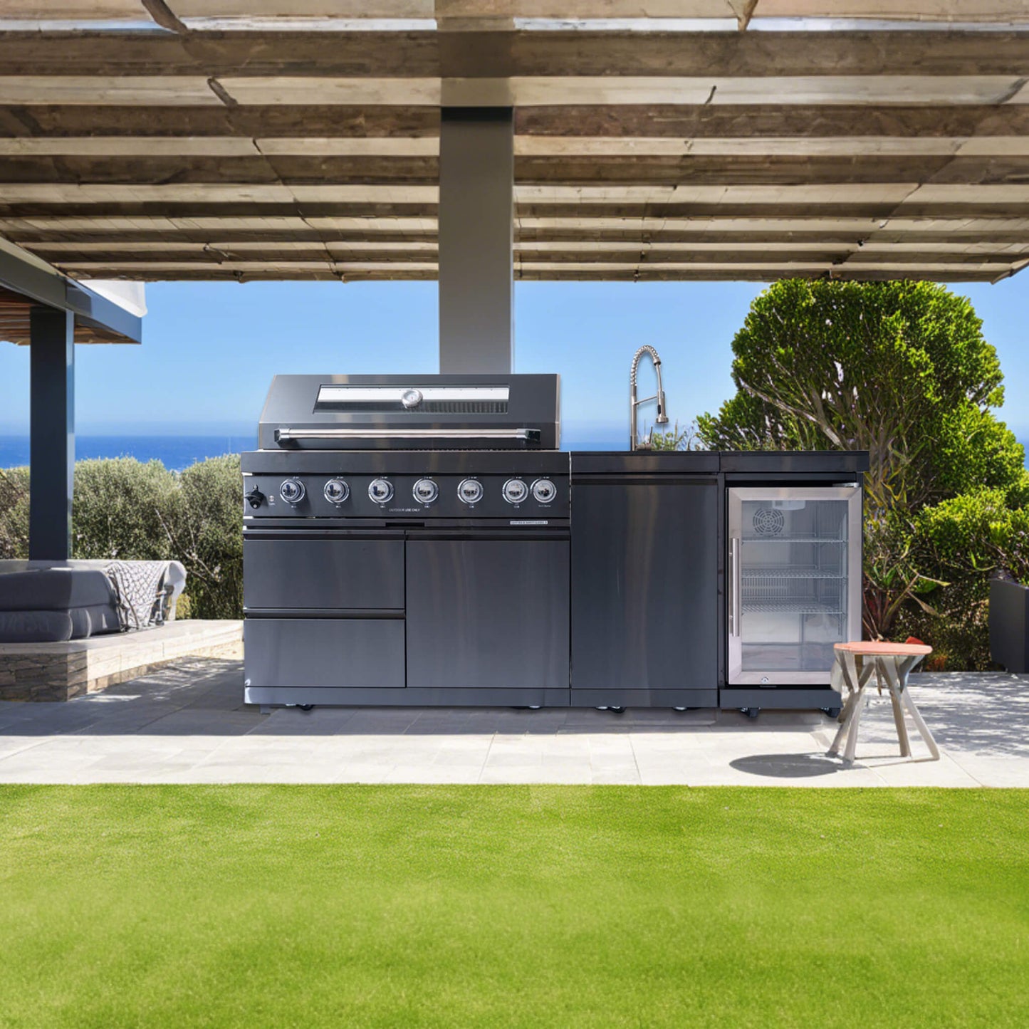 Castelle Flame 85K BTU Outdoor BBQ Kitchen Grill Island with 43-Inch 6-Burner Grill, Wine Fridge, Rotisserie Kit, and Sink