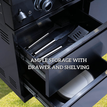 Castelle Flame 85K BTU Outdoor BBQ Kitchen Grill Island with 43-Inch 6-Burner Grill, Wine Fridge, Rotisserie Kit, and Sink