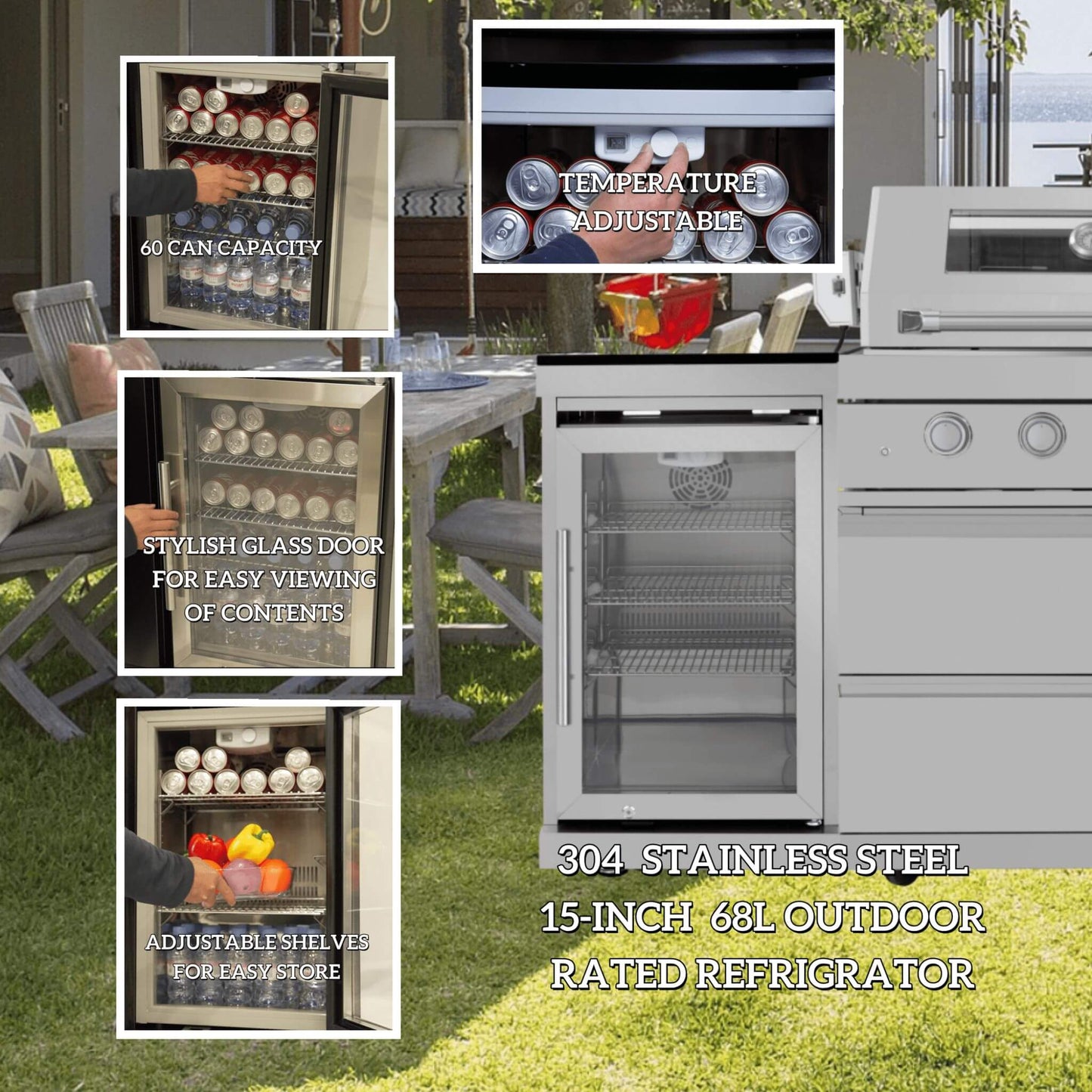 Castelle Flame Capri 96-Inch 6-Burner 85000 BTU Outdoor Kitchen Liquid Propane Grill Island with Fridge