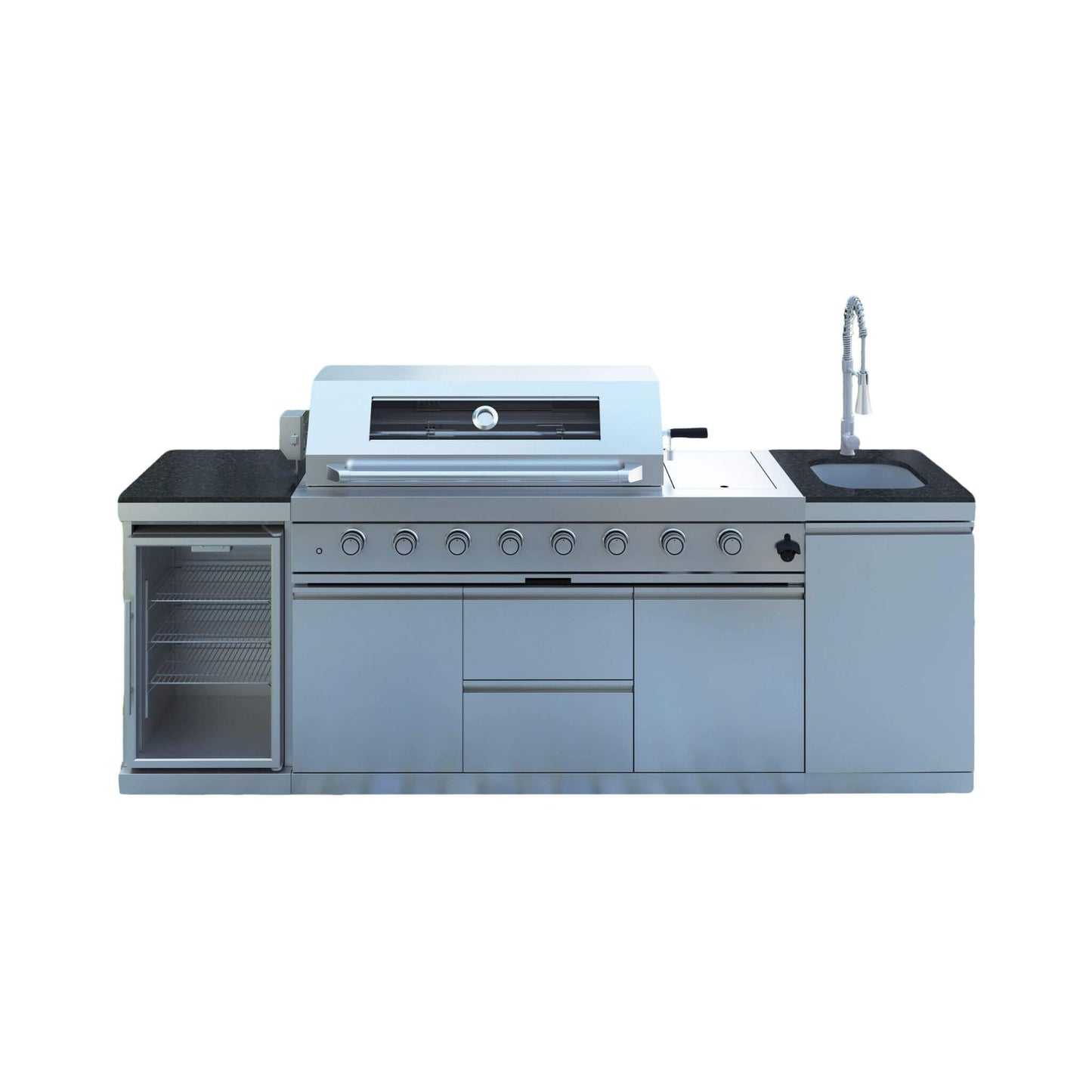 Castelle Flame Capri 96-Inch 6-Burner 85000 BTU Outdoor Kitchen Liquid Propane Grill Island with Fridge